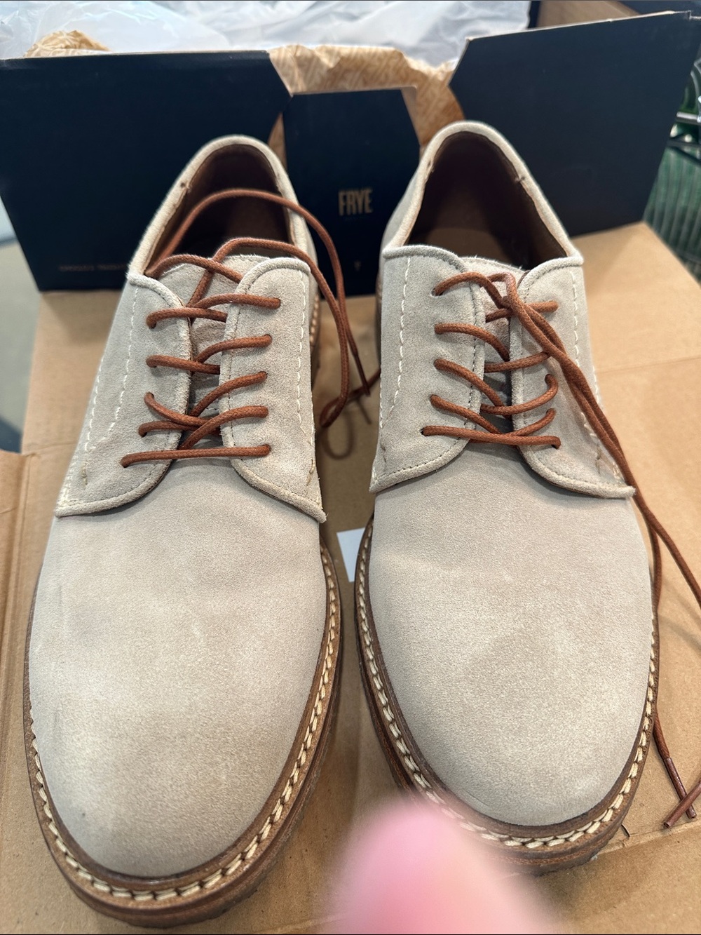 Frye Men's Suede Plain Toe Derby in Light Taupe with Brown Laces
